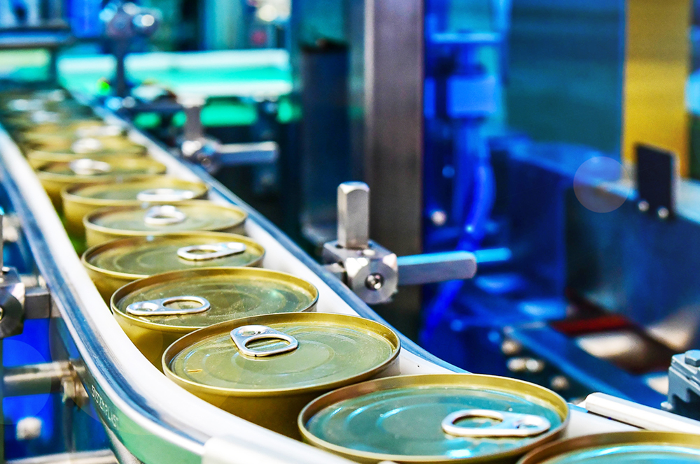 Canned food products on conveyor belt